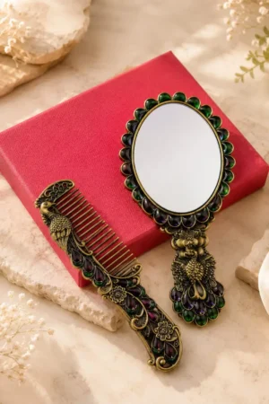 Heritage Peacock Art – Antique Indian Mirror & Comb Set