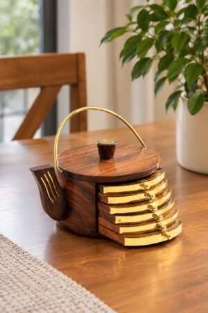 Hand-Carved Wooden Coaster & Drink Holder Set