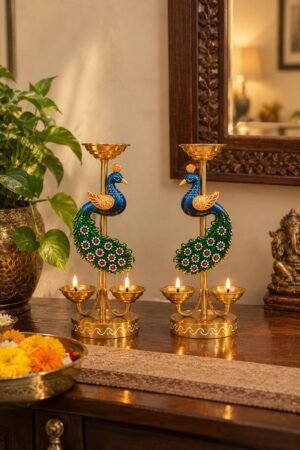 ## Handcrafted Peacock Brass Diya Pair#