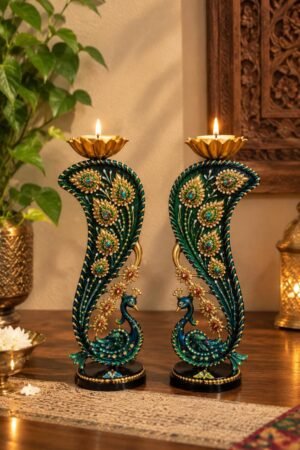 The Peacock Grace– Handcrafted Diya Candle Holder
