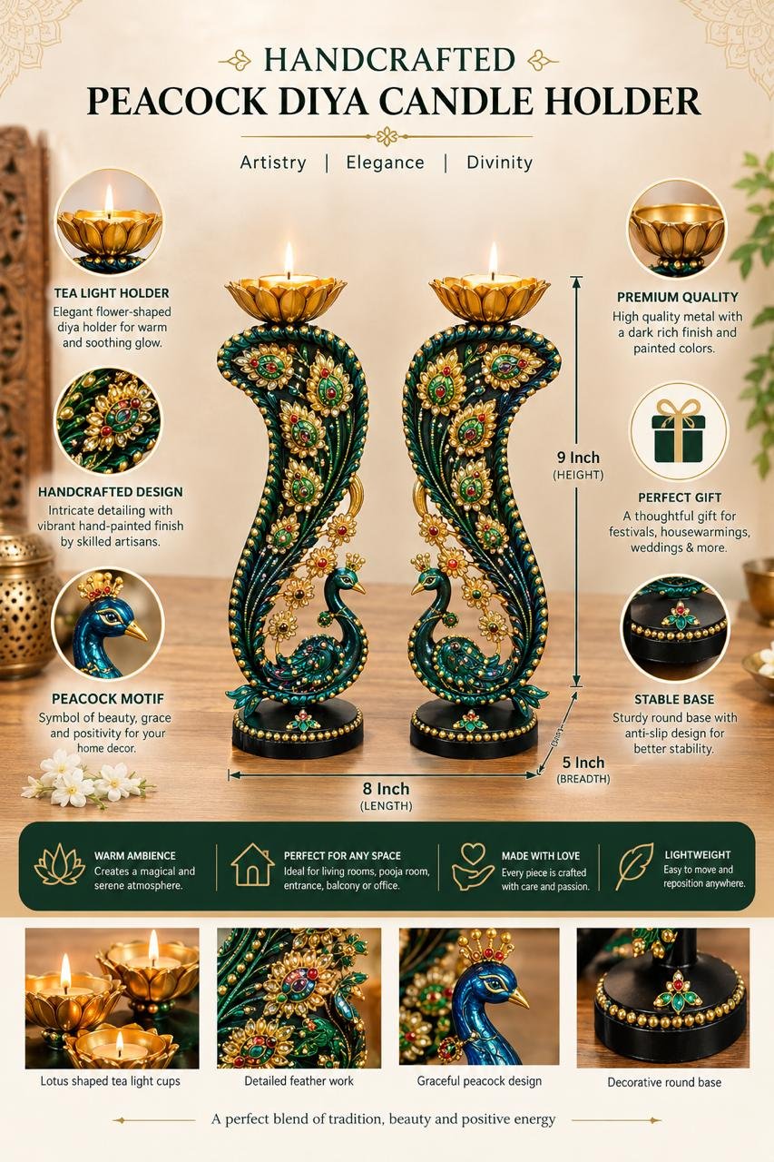 The Peacock Grace– Handcrafted Diya Candle Holder - Image 2