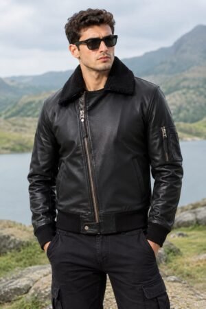 Men’s Black Leather Sherpa Bomber Jacket