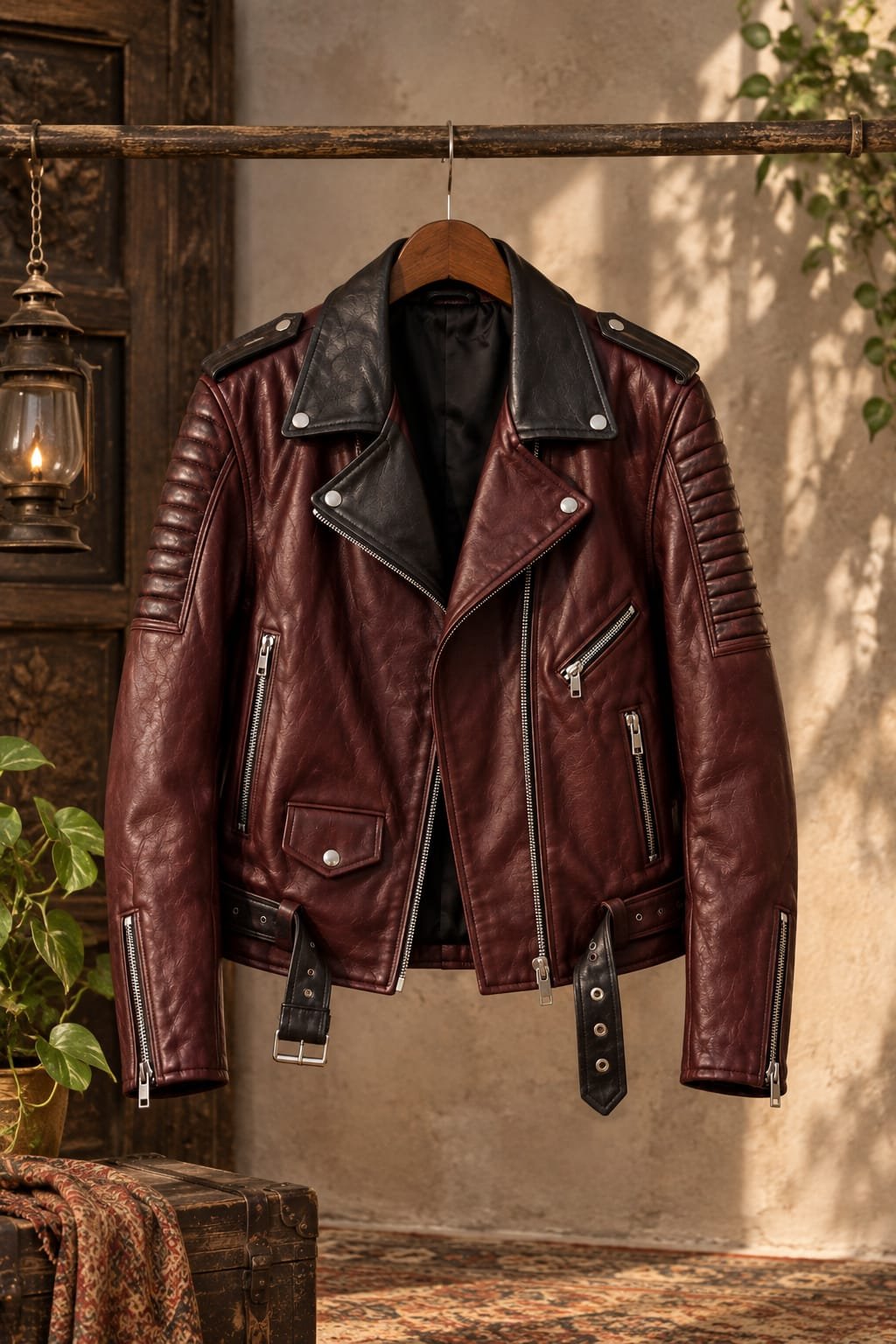 Women's Burgundy Genuine Sheepskin Leather Biker Jacket - Image 2