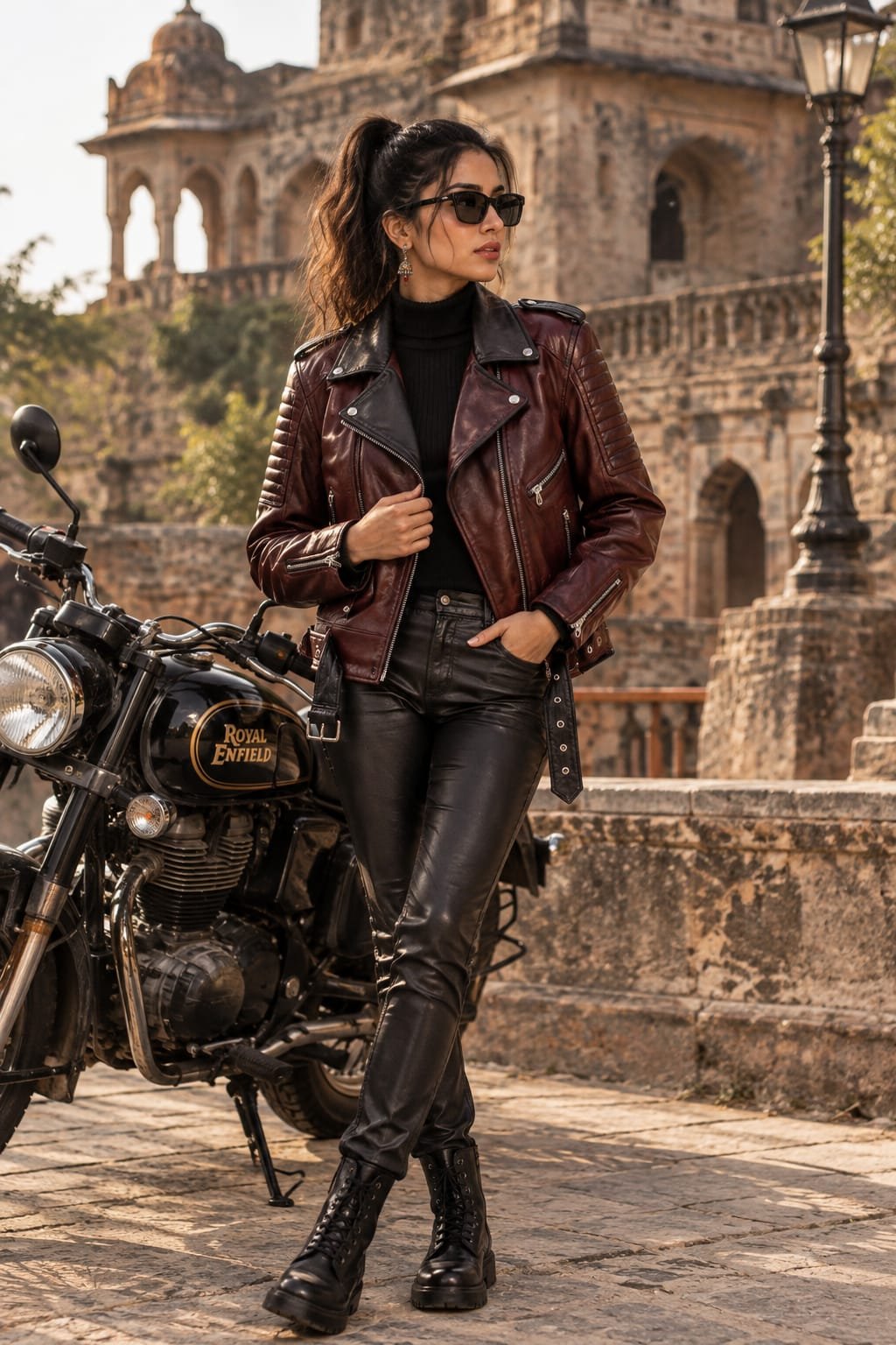 Women's Burgundy Genuine Sheepskin Leather Biker Jacket - Image 3