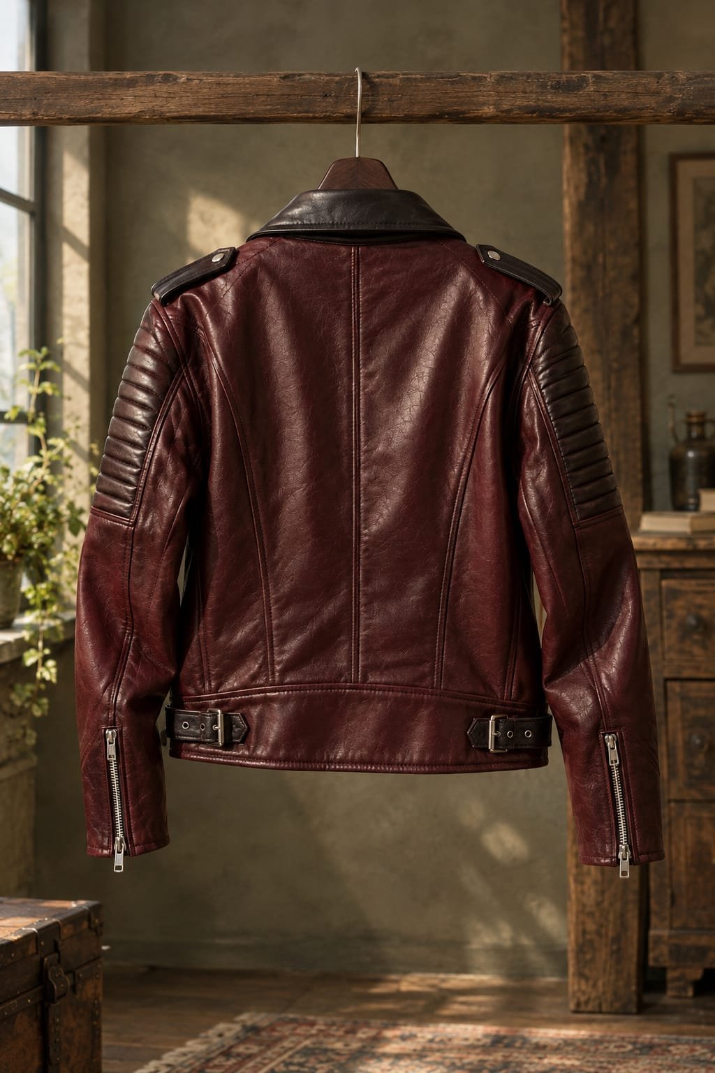 Women's Burgundy Genuine Sheepskin Leather Biker Jacket - Image 4