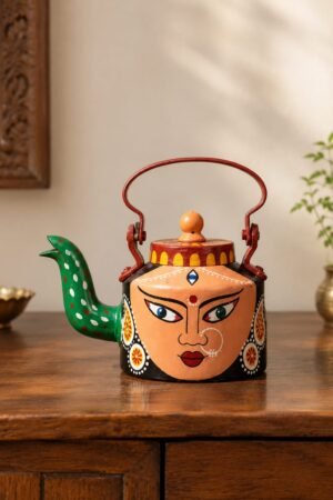 Hand Painted Maa Durga Face Kettle  Bengal Folk Art