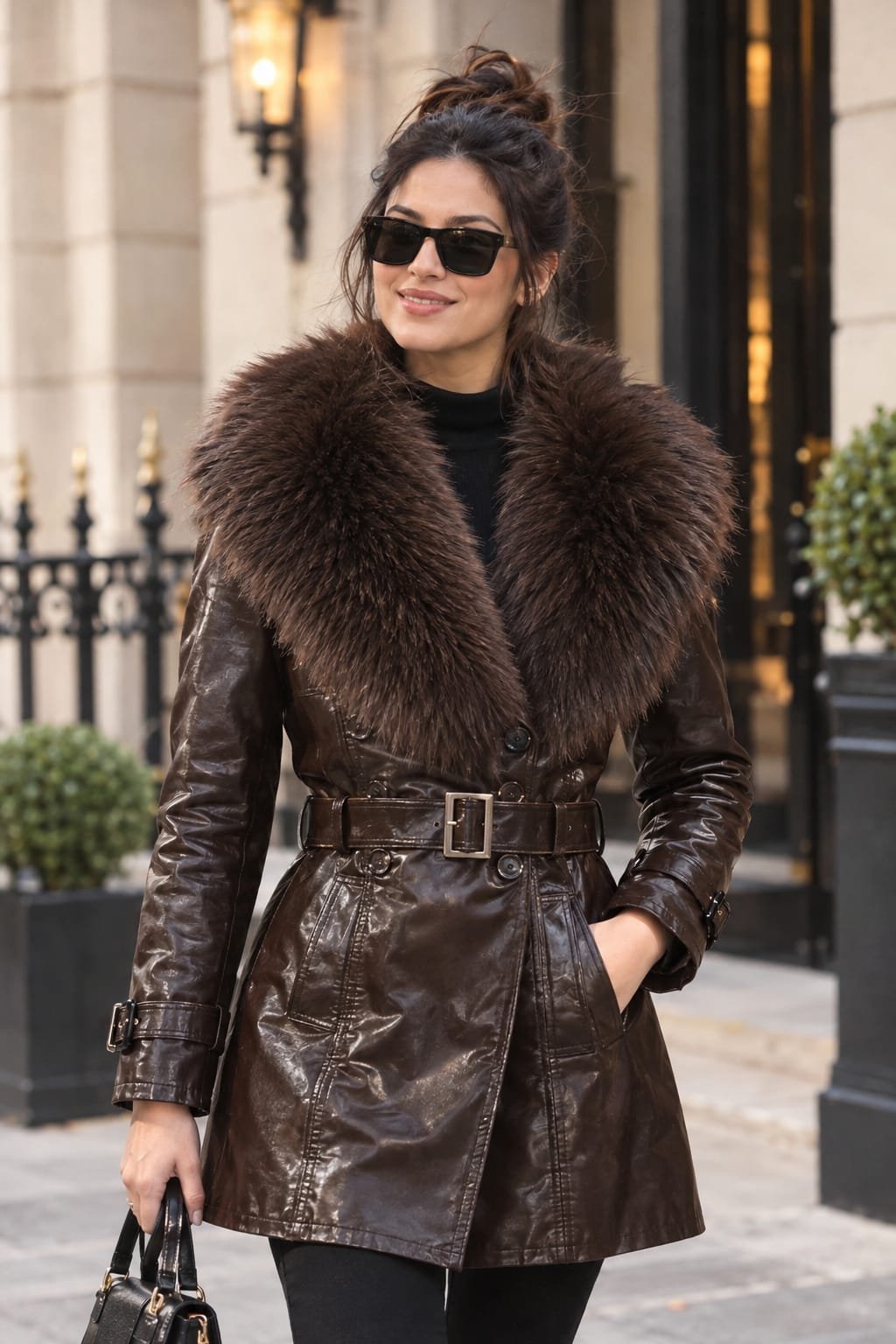 Women's Genuine Leather Trench Coat with Plush Fur Collar - Image 2