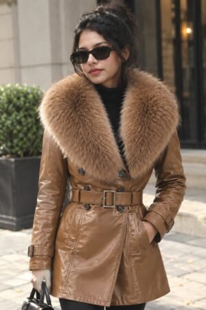 Women's Genuine Leather Trench Coat with Plush Fur Collar
