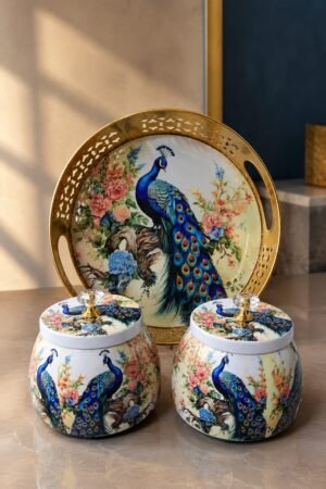 Peacock Design Tray & Jar Set